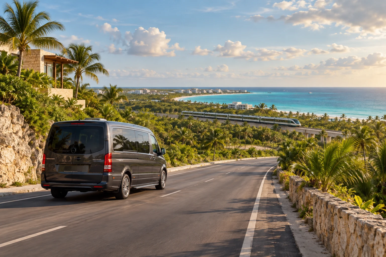 Editorial travel scene of a private shuttle and passenger train along the Riviera Maya coast