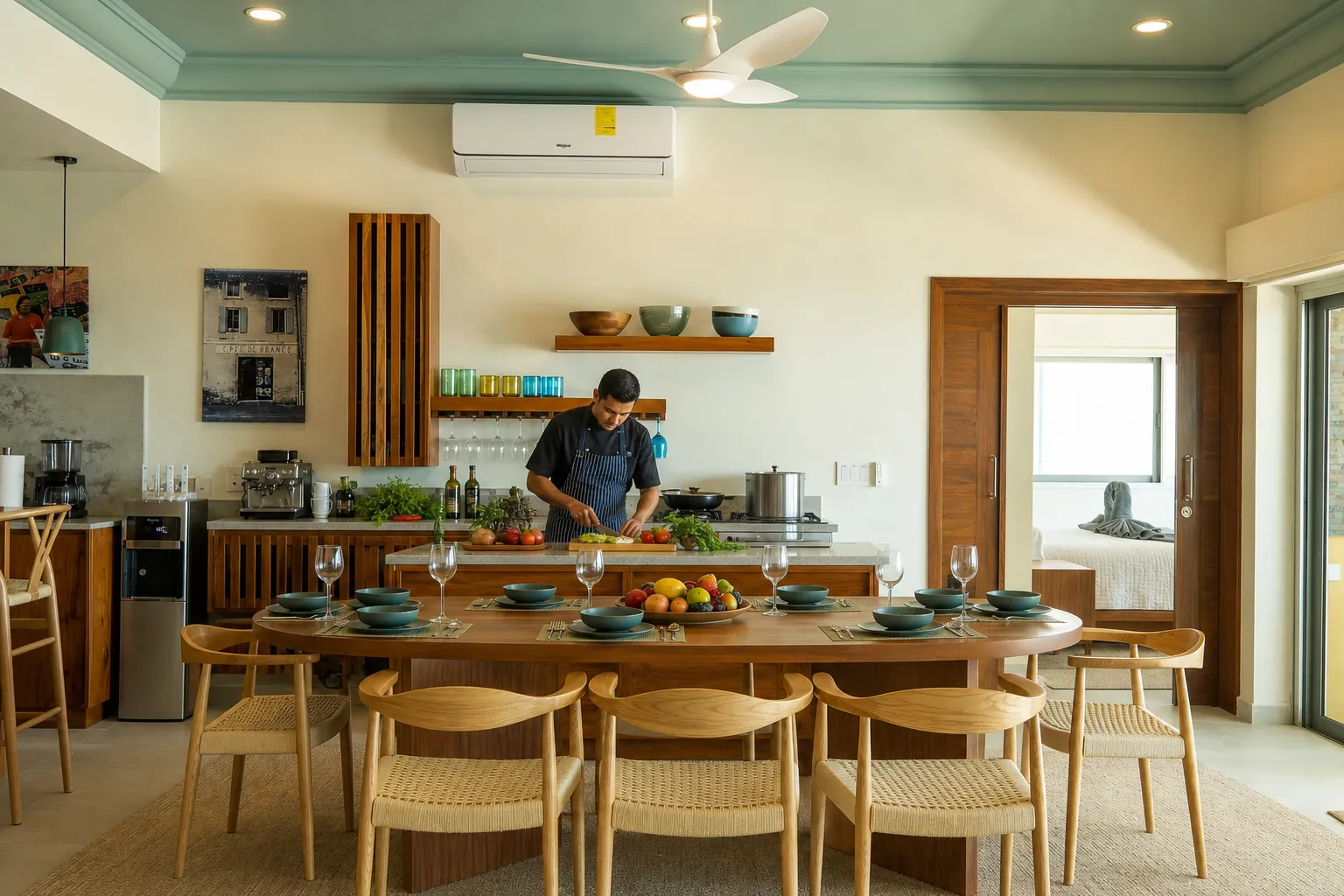 Private chef preparing a meal in the Casa Karma kitchen beside a dining table set for eight