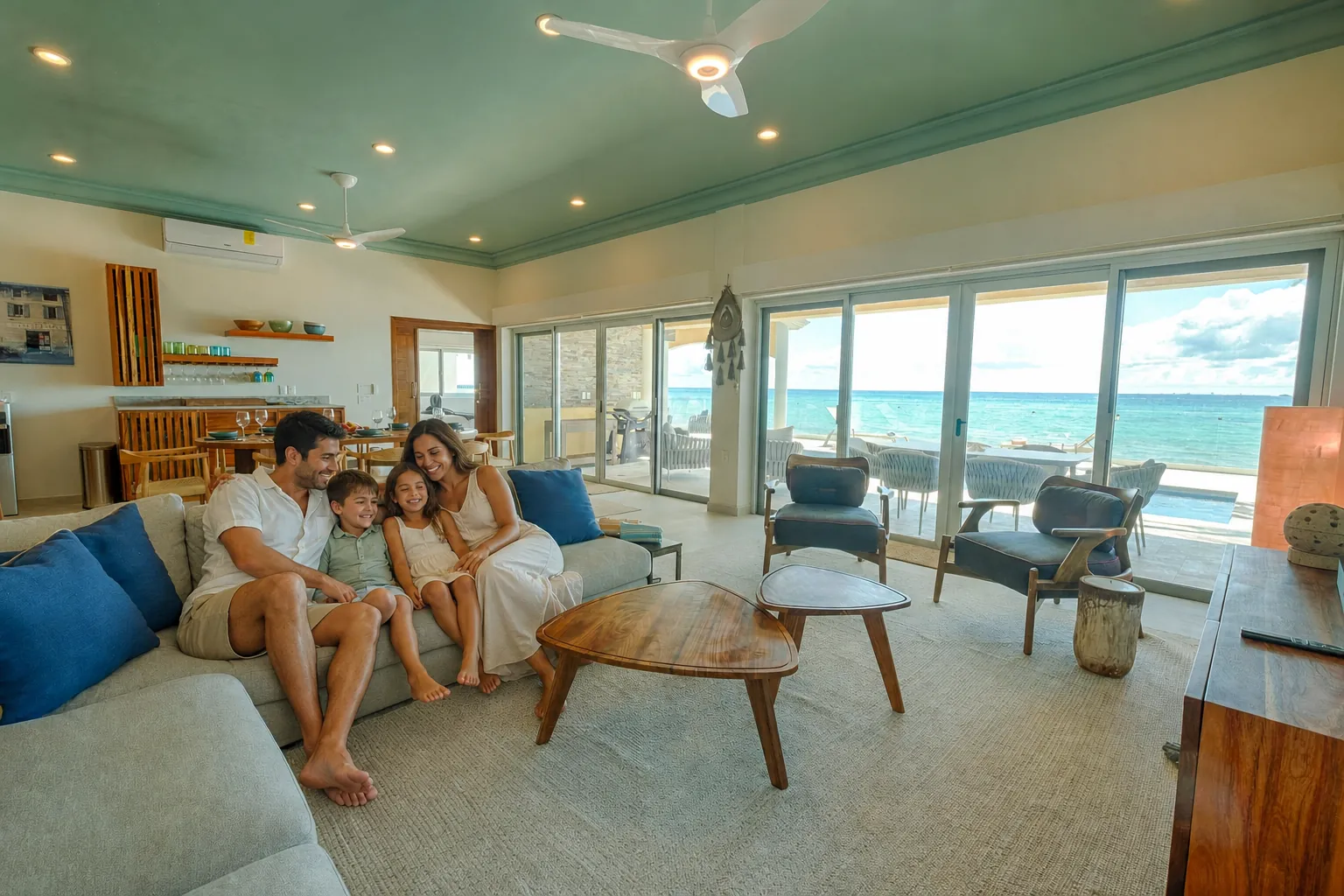 Family relaxing on the sofa in the Casa Karma living room with the Caribbean beyond the open doors