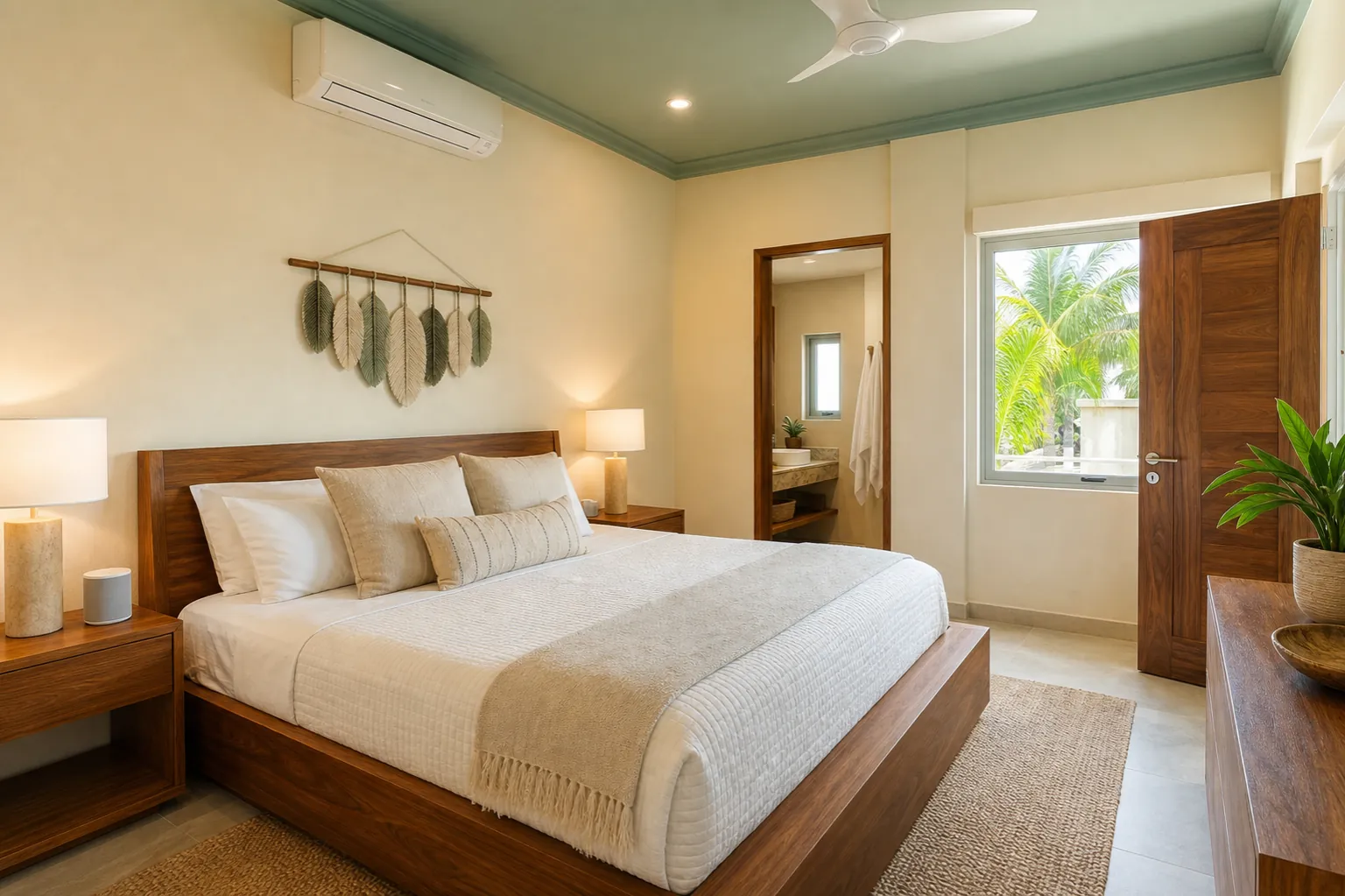 En-suite bedroom at Casa Karma with a king bed, private bathroom, and individual air conditioning