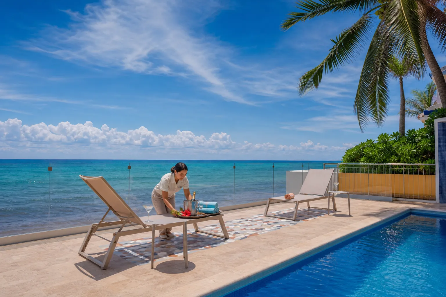 Casa Karma concierge setting out refreshments on a poolside lounger overlooking the Caribbean
