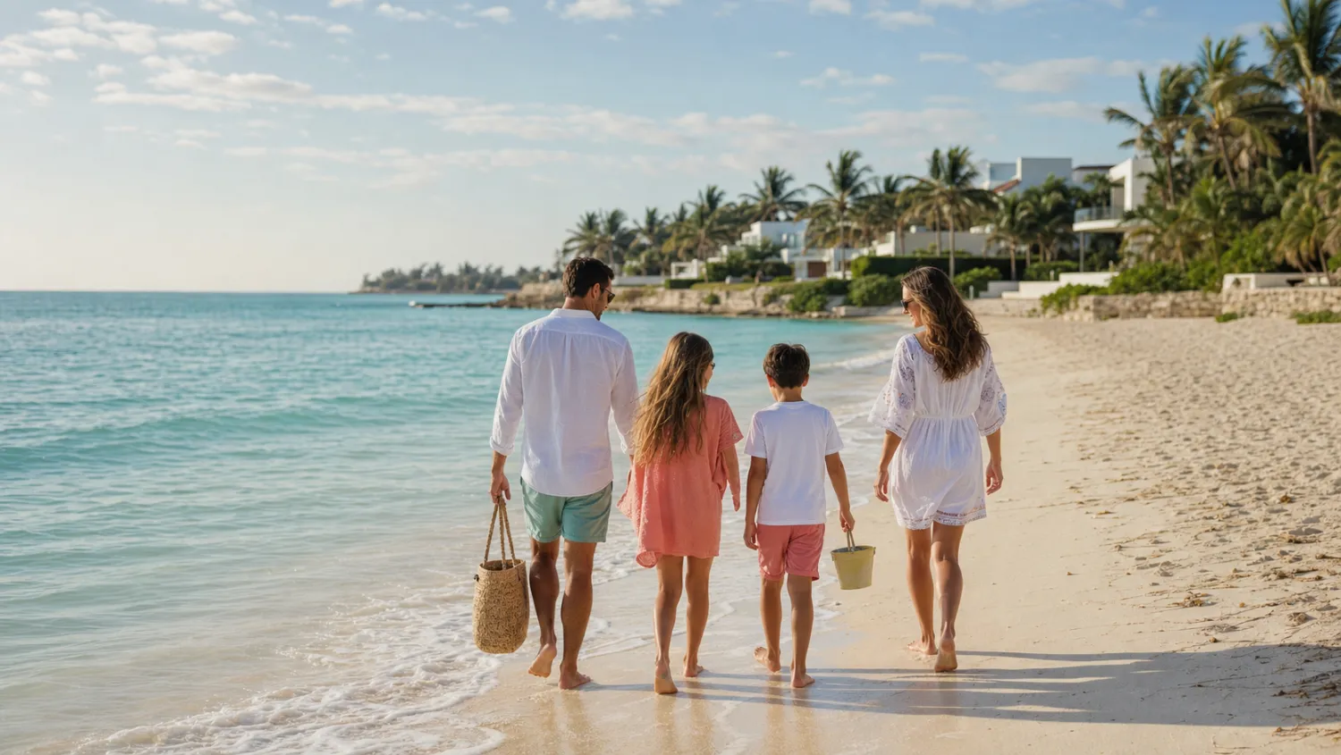 Family of four walking along the Caribbean shoreline in Playacar, Playa del Carmen