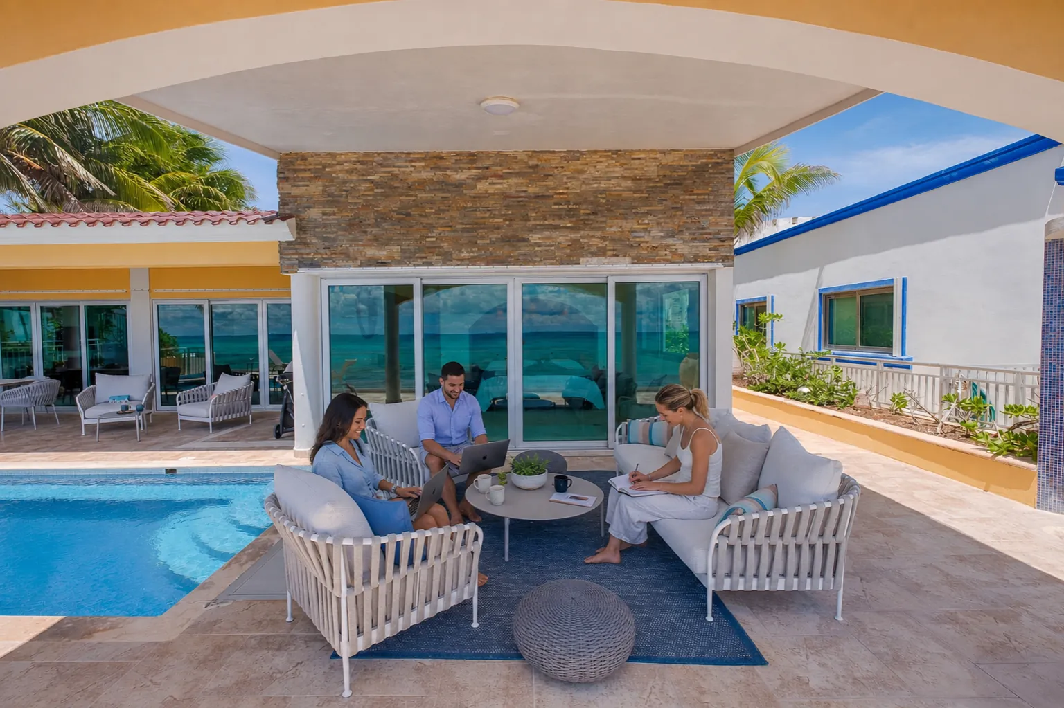 Three colleagues working on laptops on the shaded Casa Karma pool terrace